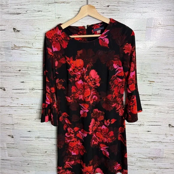 Tommy Hilfiger Red and Black Midi Dress with Bell Sleeves size floral